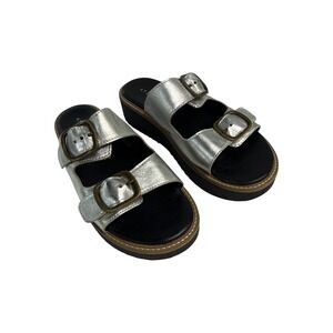 NWOT Ateliers Silver Metallic Double Buckle Platform Slide Sandal EU 37‎ US 6.5